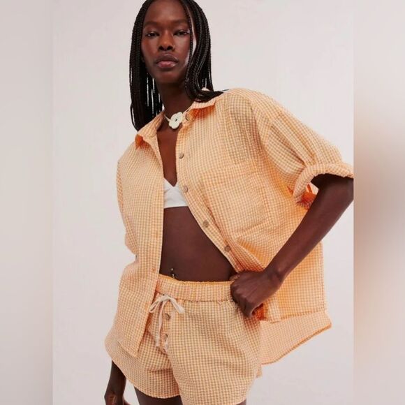 Free People Checked Out Gingham Yellow Button Up Top Medium - Picture 1 of 9